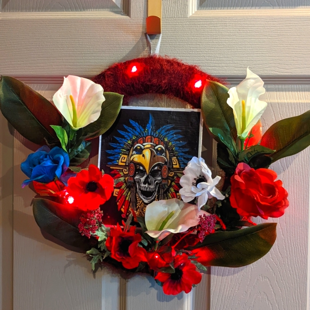 Lighted yarn Aztec skull wreath